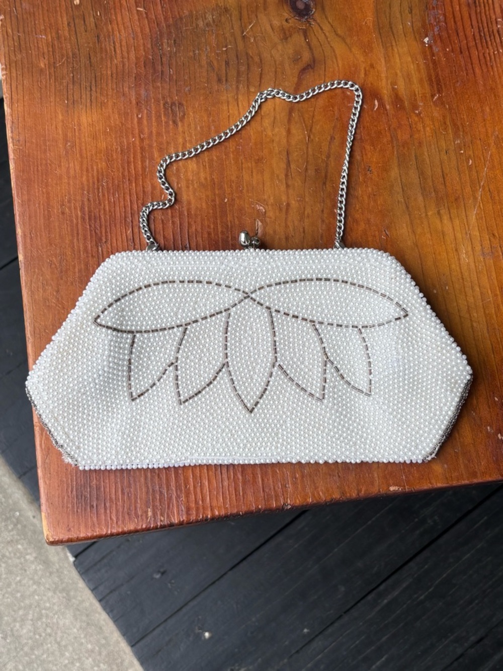 Beaded White Evening Clutch with Silver Chain